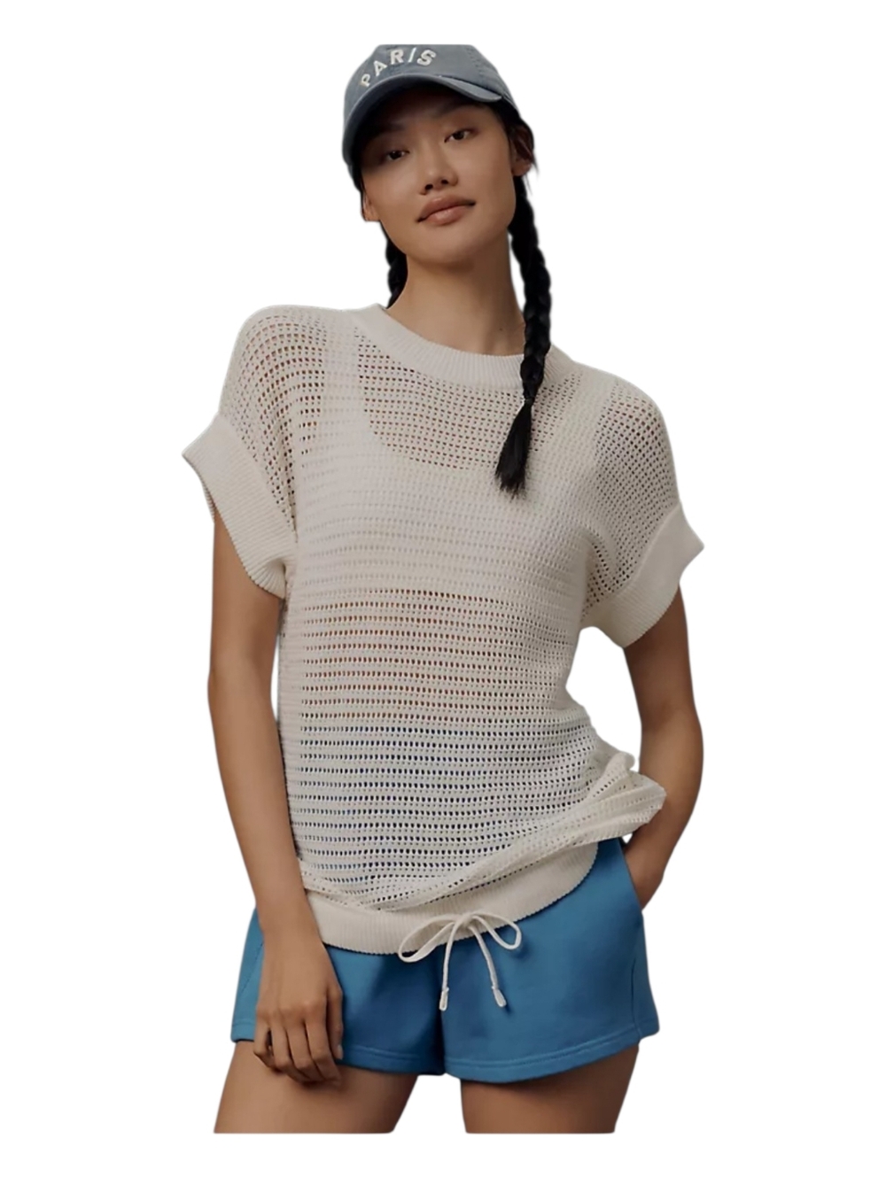 Varley Cream Open-Knit Short Sleeve Sweater